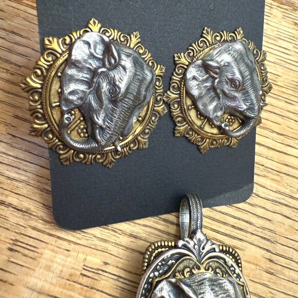 Sonja Lea Eccler elephant earrings two-tone heavy pendant set signed - Picture 9 of 10